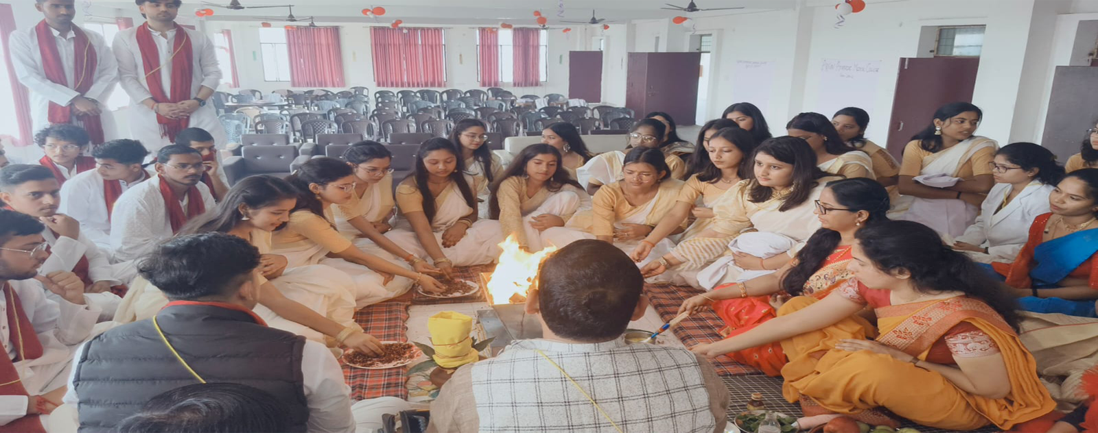 Students performing traditional rituals during Shishyopanayan at Ayurvedic college in UP.
